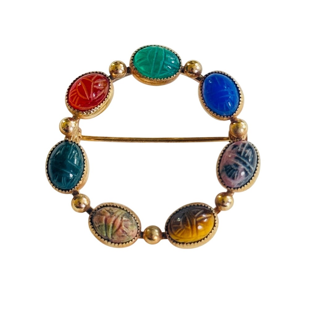 VTG Scarab Gemstone pin Brooch Carved Jade Jasper Cabochon 12K Gold Filled round